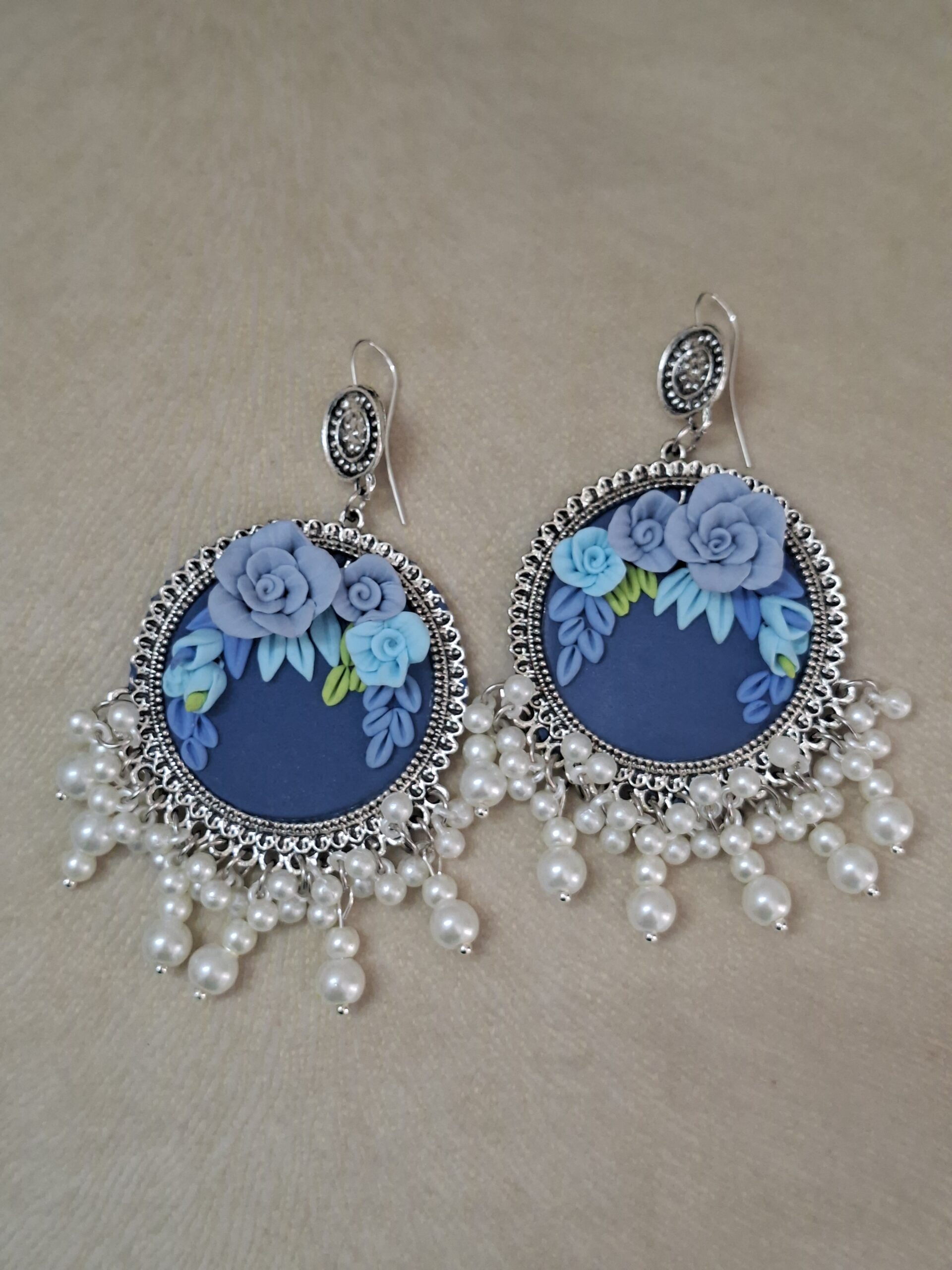 Blue Floral Jhumkas | Silver-Toned Pearl Drop Earrings - Image 3