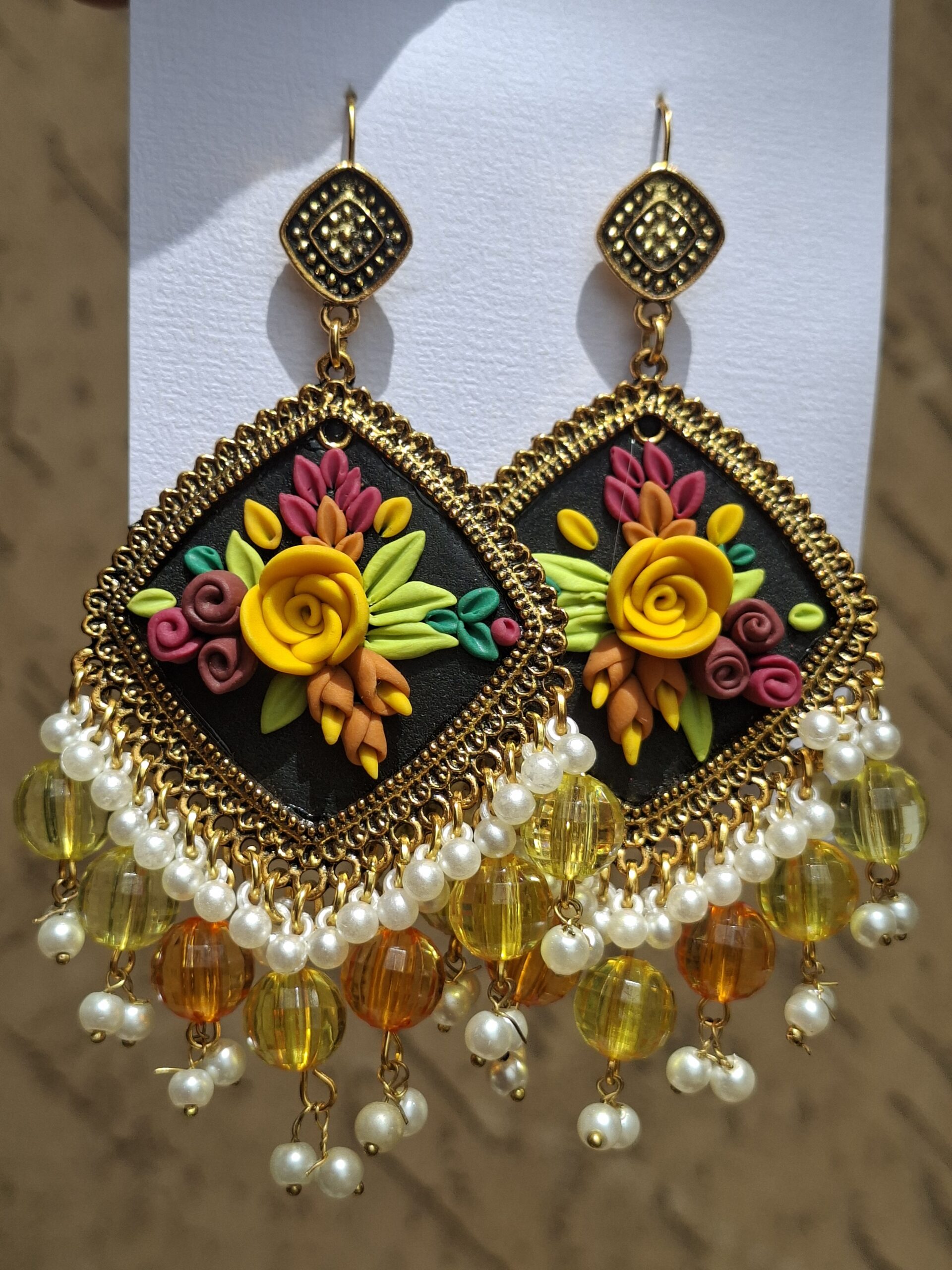 Handcrafted Black Floral Clay Jhumkas with Pearl Danglers | ClayCreations - Image 3