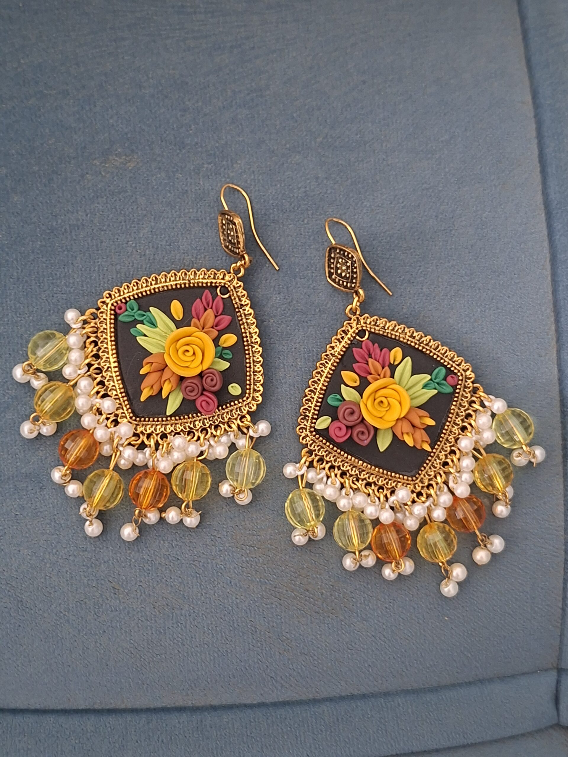 Handcrafted Black Floral Clay Jhumkas with Pearl Danglers | ClayCreations - Image 5