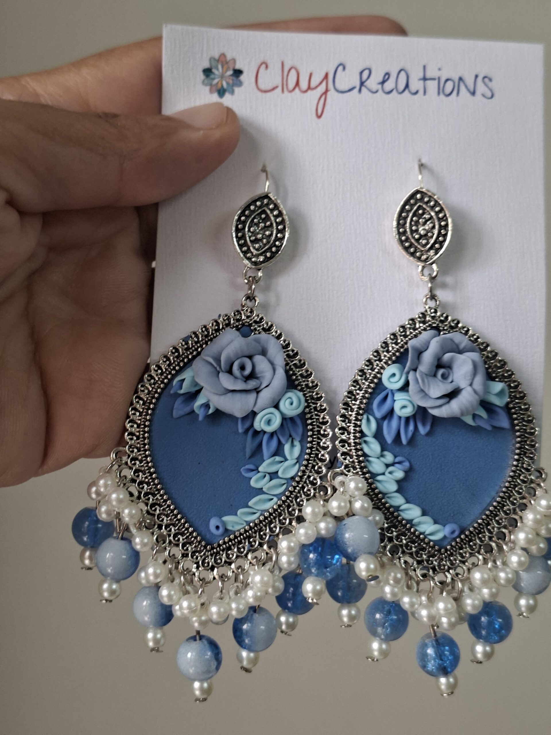 Blue Floral Clay Jhumkas with Pearl Danglers | ClayCreations - Image 3