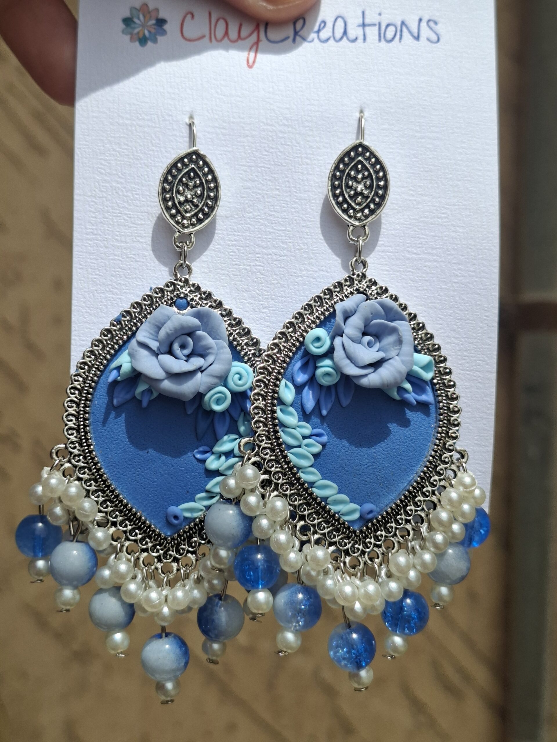 Blue Floral Clay Jhumkas with Pearl Danglers | ClayCreations - Image 2