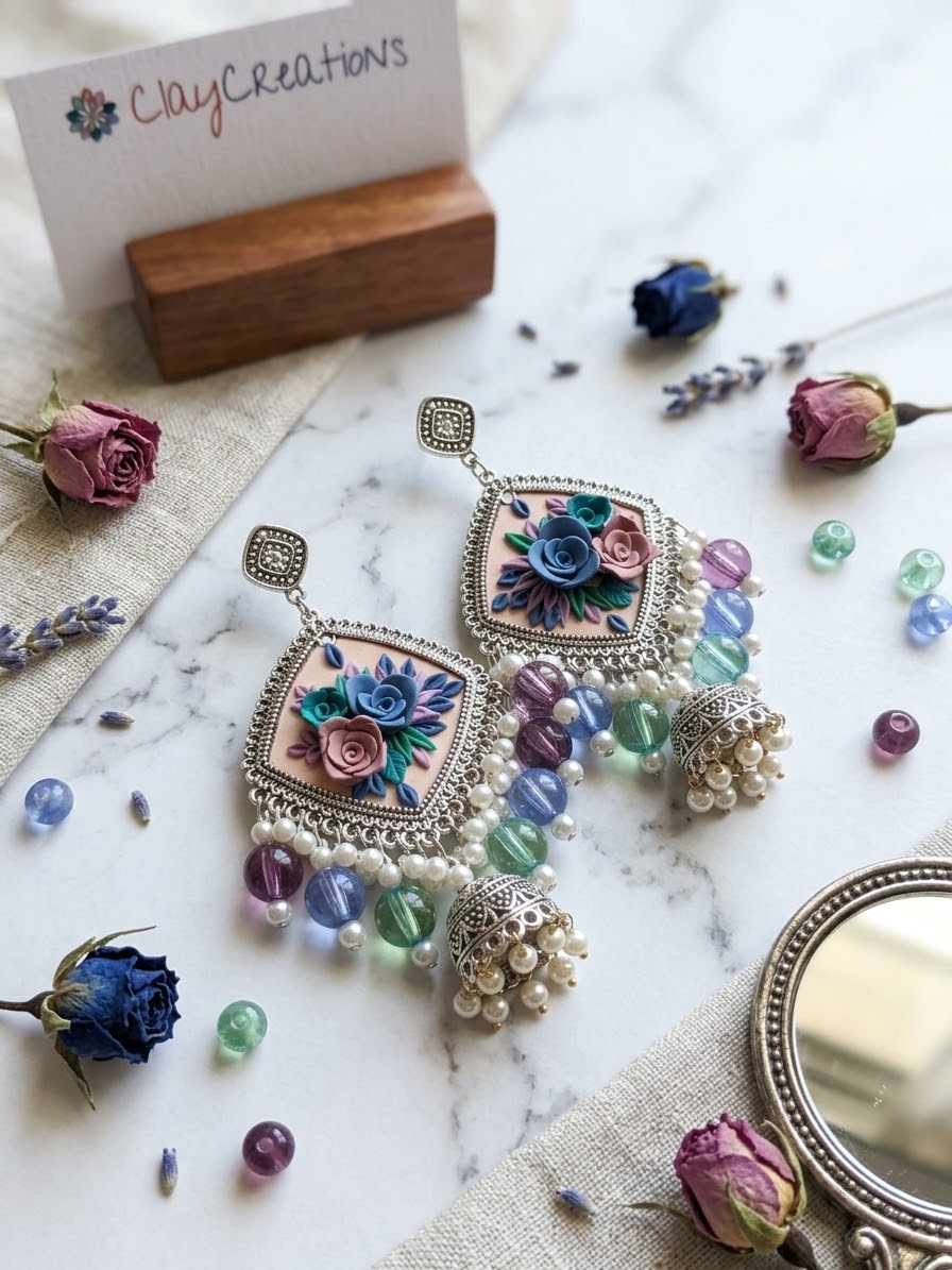 Handcrafted 3D Floral Polymer Clay Jhumkas