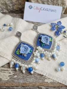 Handcrafted Blue Floral Clay Jhumkas | Traditional Oxidized Silver Ethnic Earrings