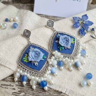 Handcrafted Blue Floral Clay Jhumkas | Traditional Oxidized Silver Ethnic Earrings