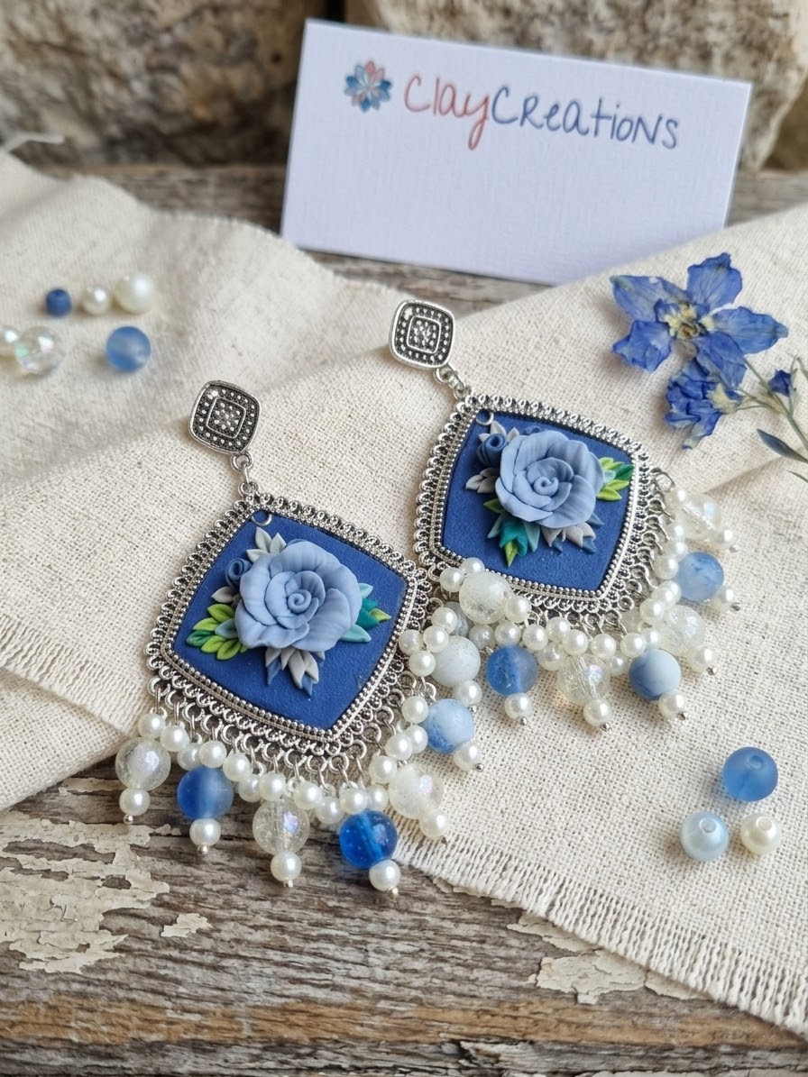 Handcrafted Blue Floral Clay Jhumkas | Traditional Oxidized Silver Ethnic Earrings