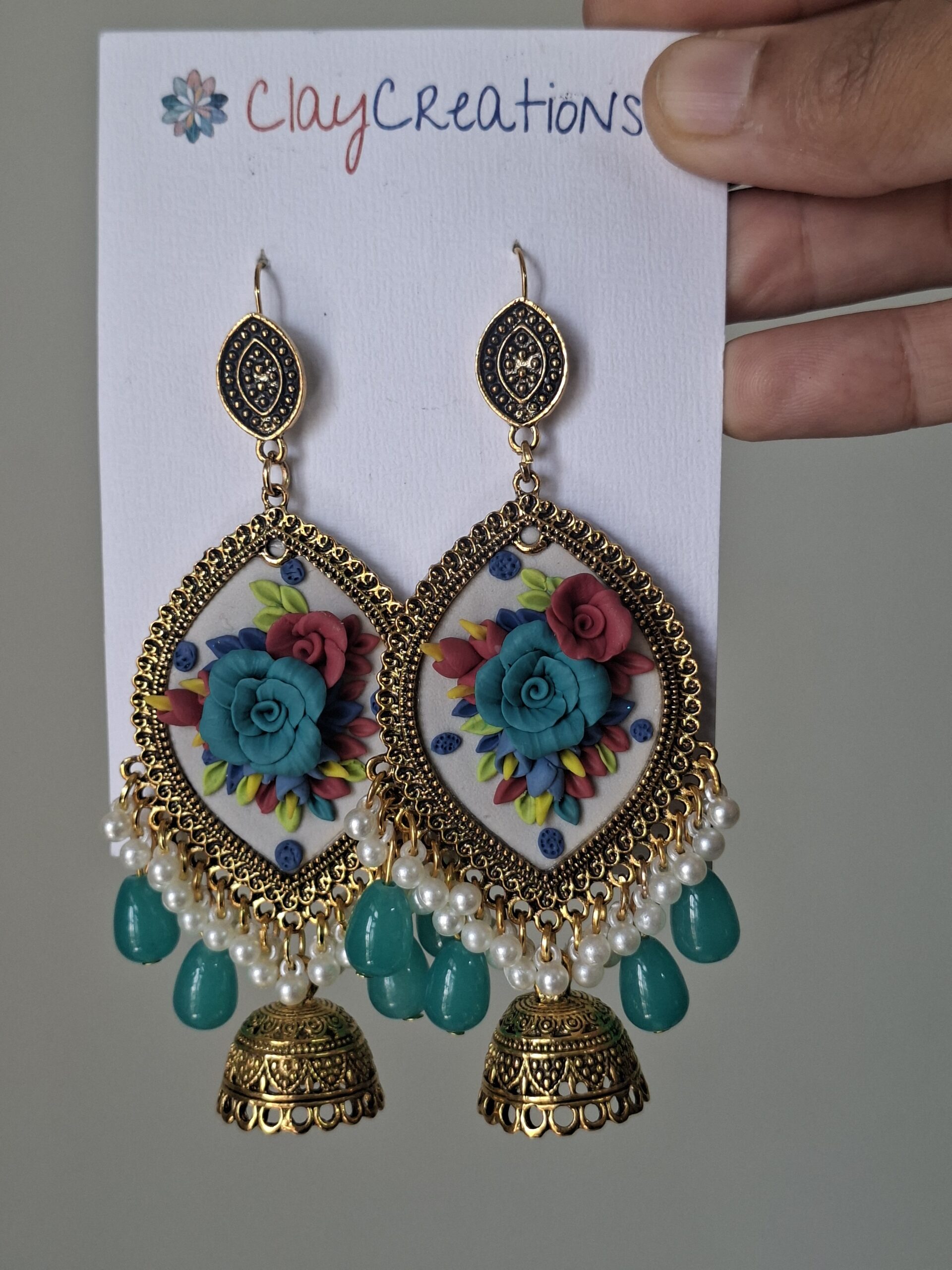 Handmade Polymer Clay Floral Jhumkas – 3D Sculpted Rose Earrings | Clay Creations - Image 5