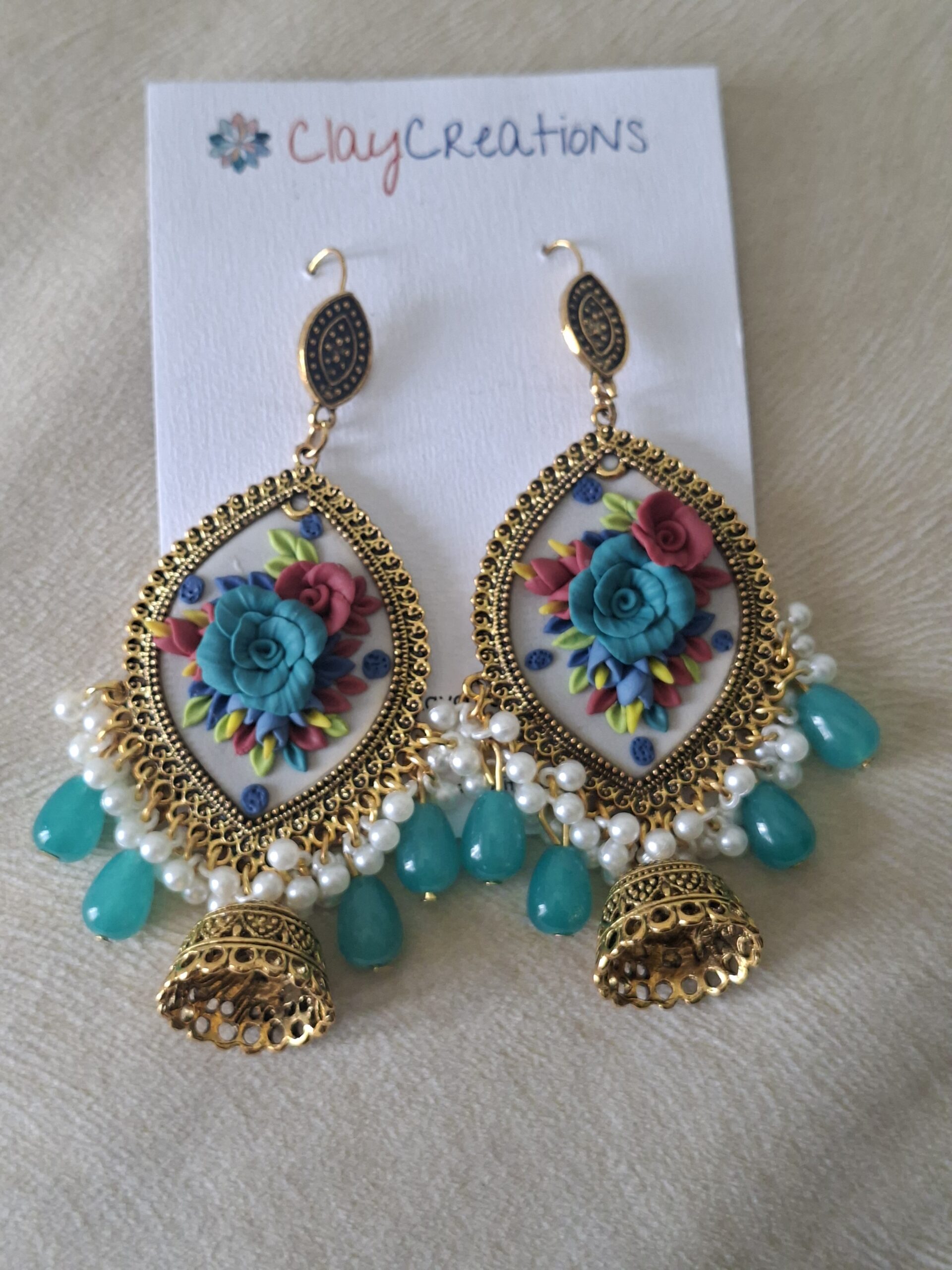 Handmade Polymer Clay Floral Jhumkas – 3D Sculpted Rose Earrings | Clay Creations - Image 4