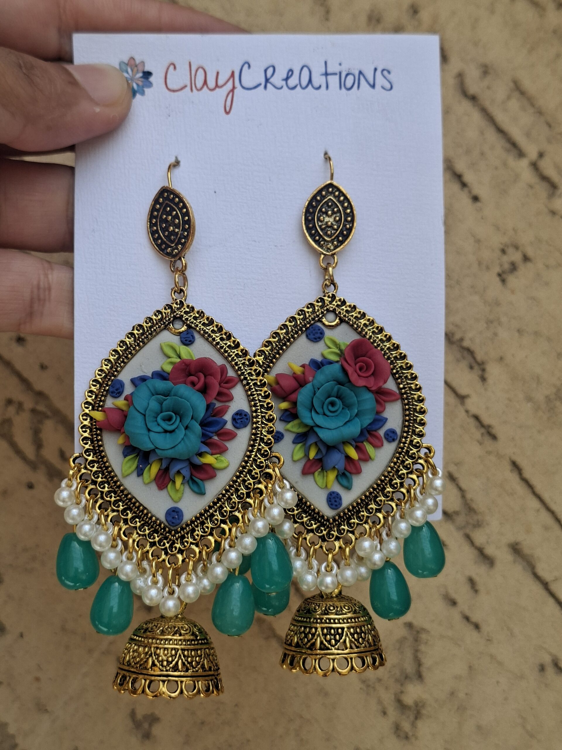 Handmade Polymer Clay Floral Jhumkas – 3D Sculpted Rose Earrings | Clay Creations - Image 3