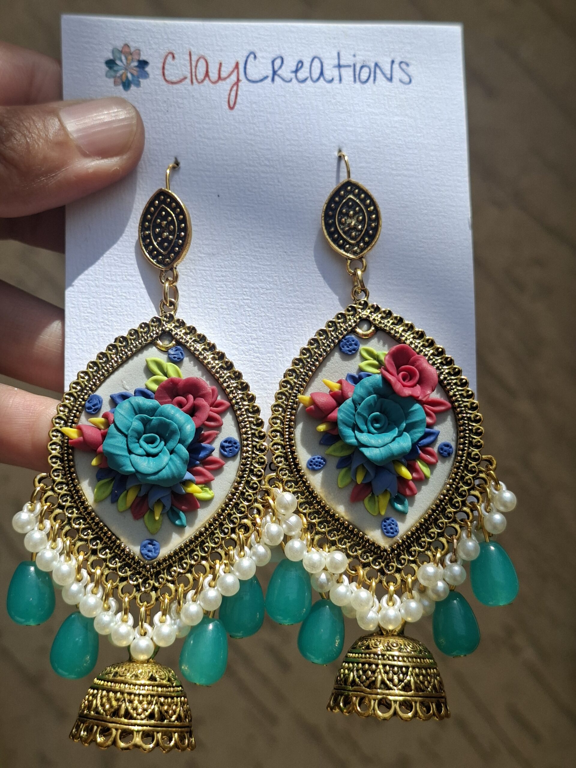 Handmade Polymer Clay Floral Jhumkas – 3D Sculpted Rose Earrings | Clay Creations - Image 2