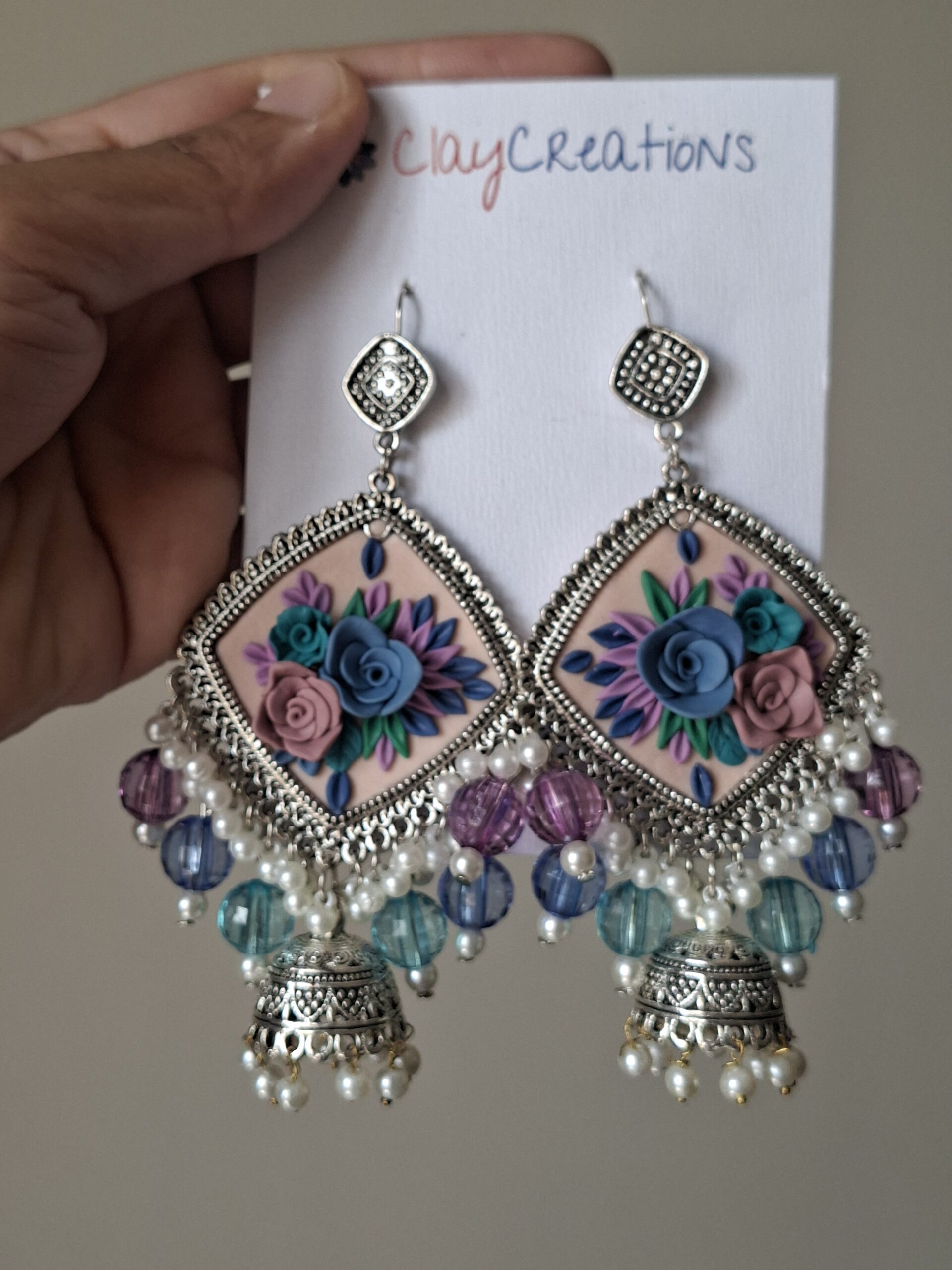 Handcrafted 3D Floral Polymer Clay Jhumkas - Image 6