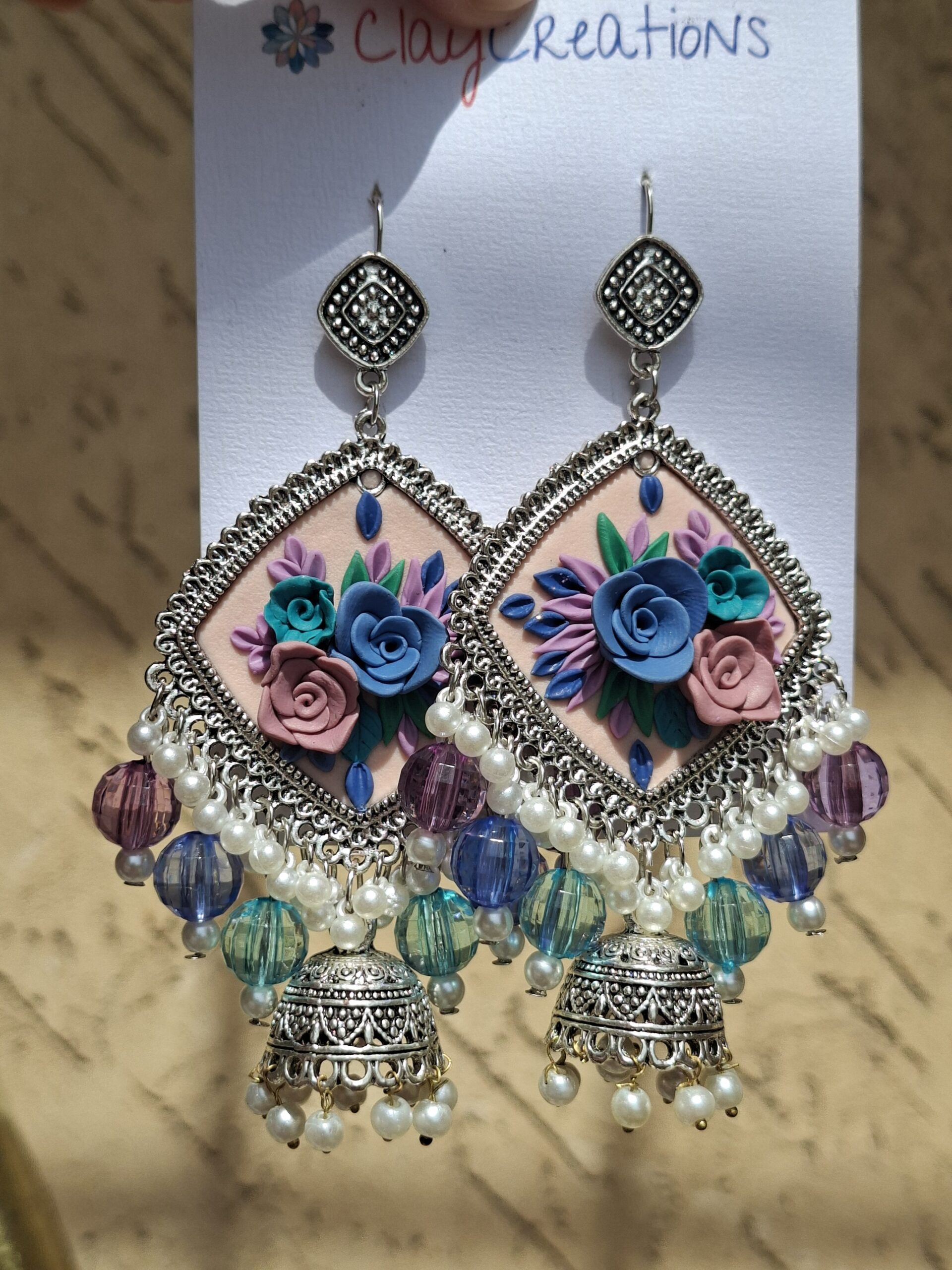 Handcrafted 3D Floral Polymer Clay Jhumkas - Image 5