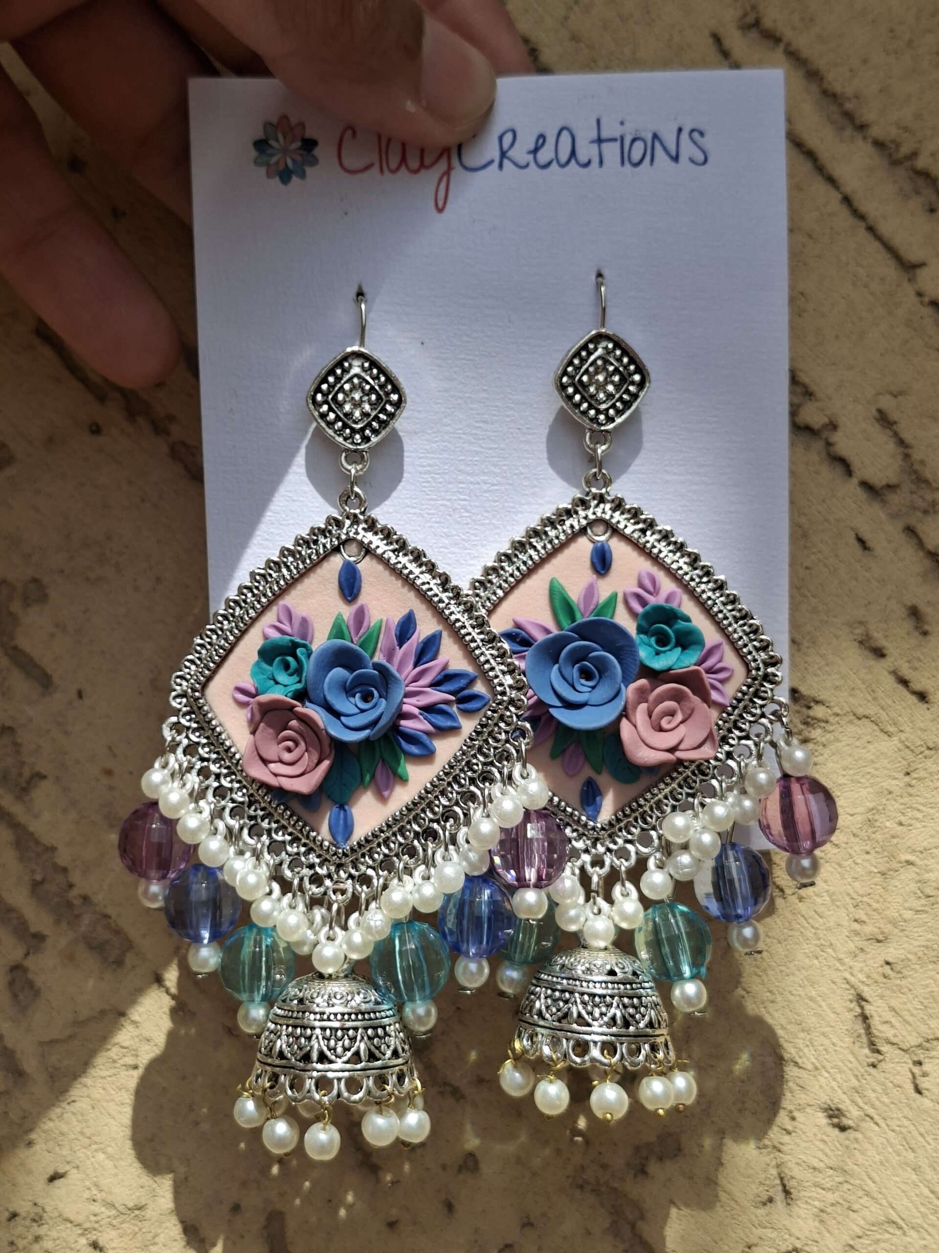 Handcrafted 3D Floral Polymer Clay Jhumkas - Image 4