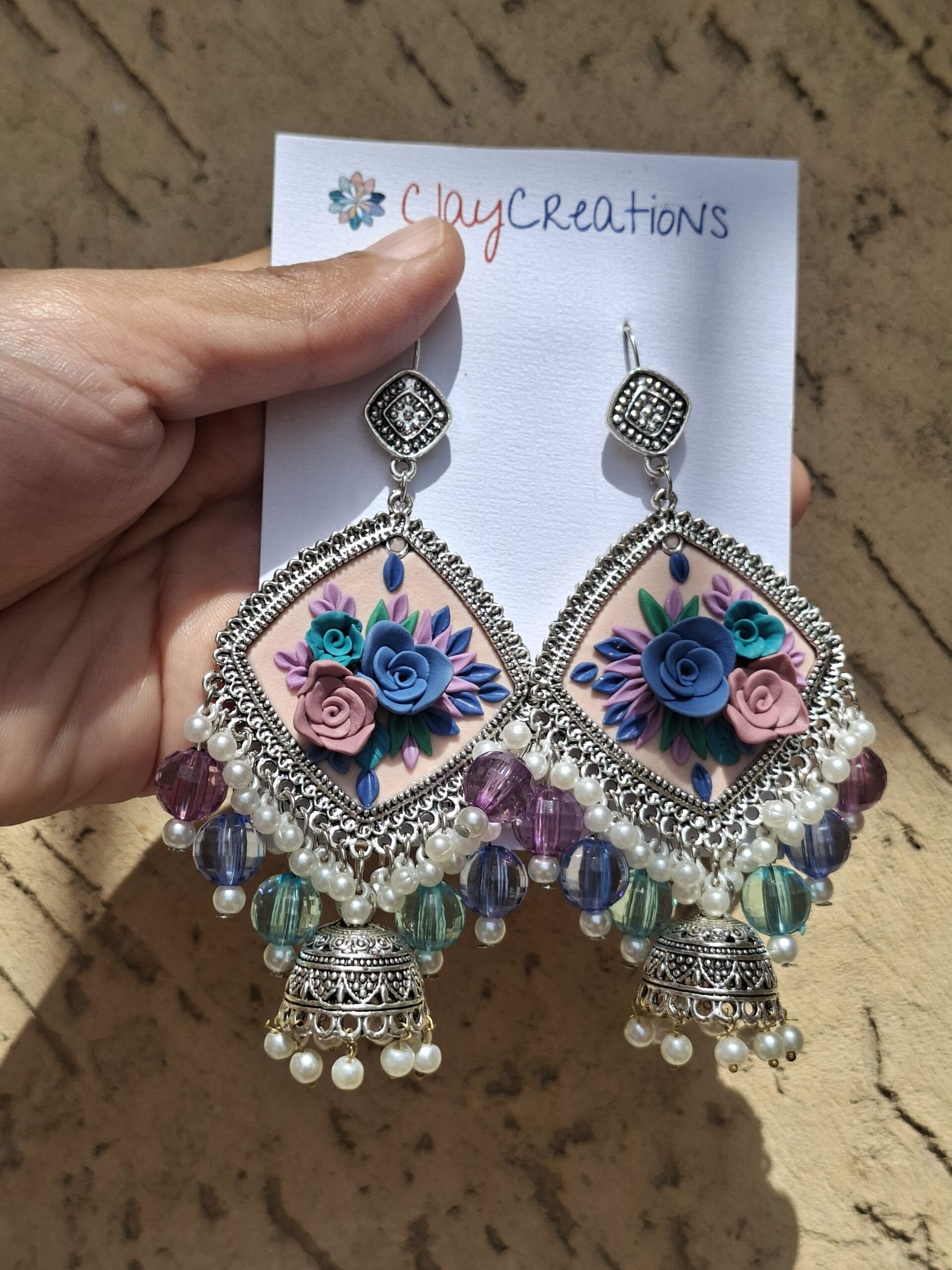 Handcrafted 3D Floral Polymer Clay Jhumkas - Image 3