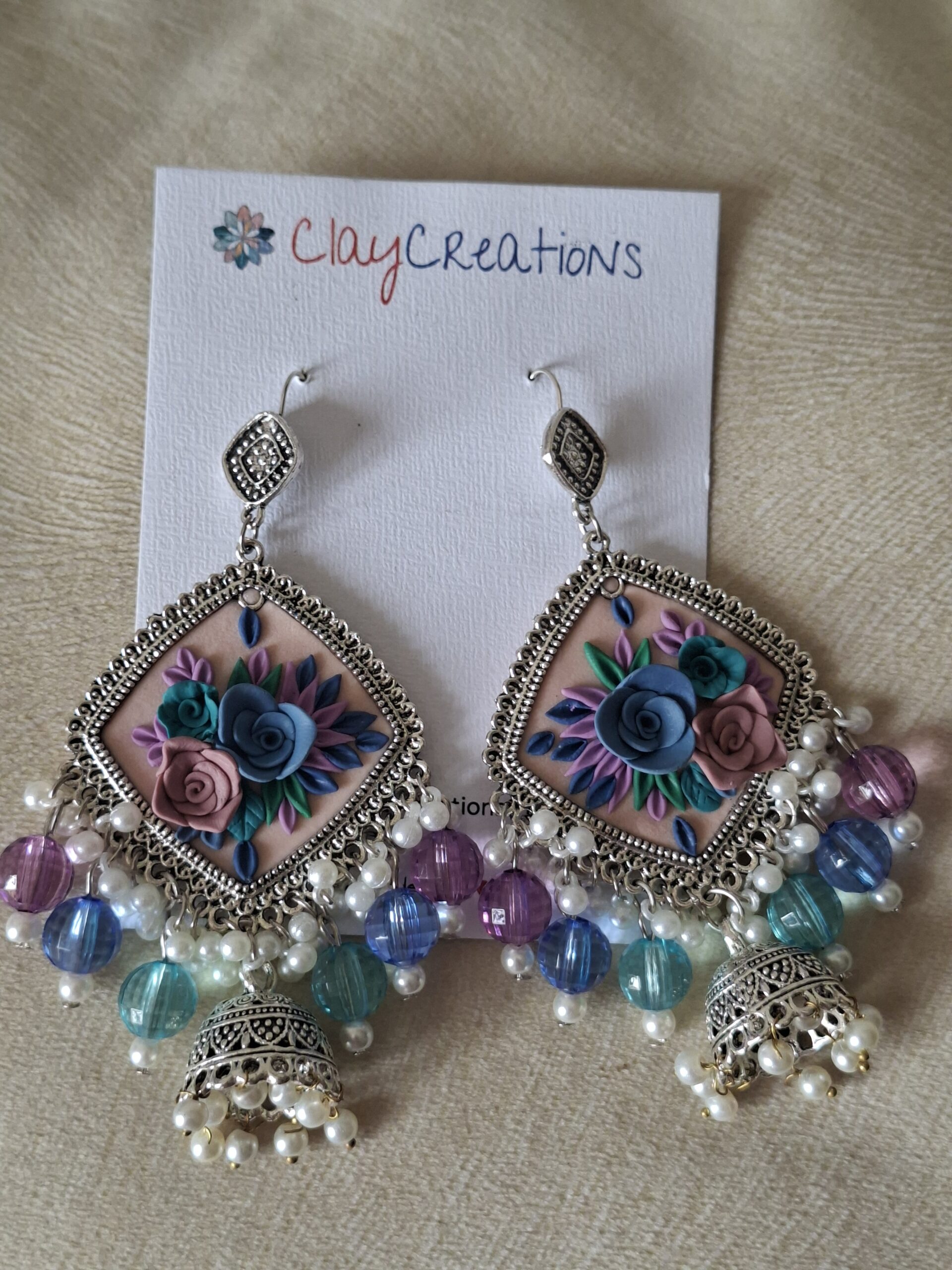 Handcrafted 3D Floral Polymer Clay Jhumkas - Image 2